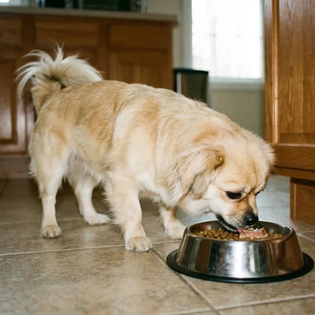 tibetan spaniel eating food from stainless steel bowl