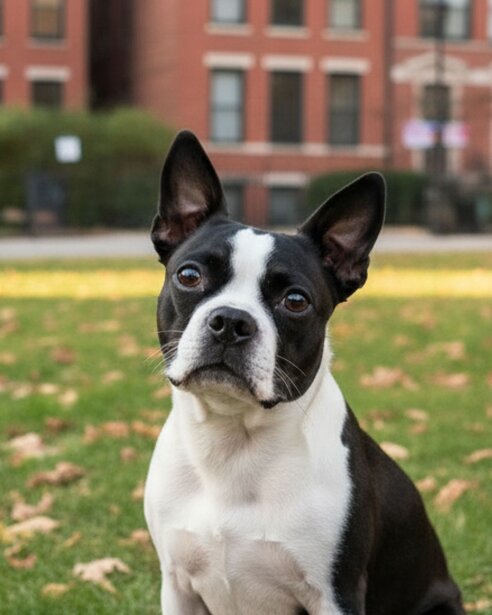 Boston terrier sitting outdoors