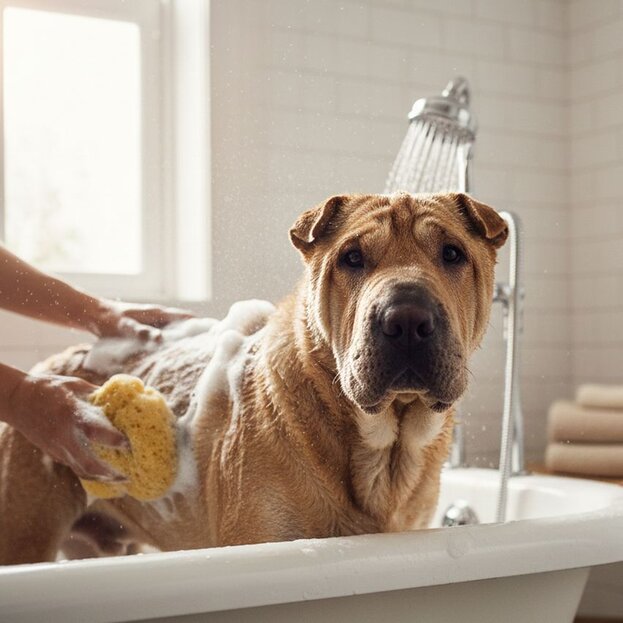 shar-pei having a bath