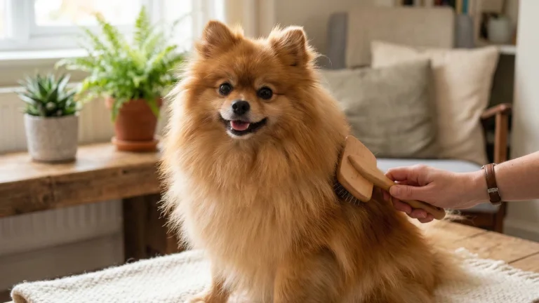 pomeranian being brushed