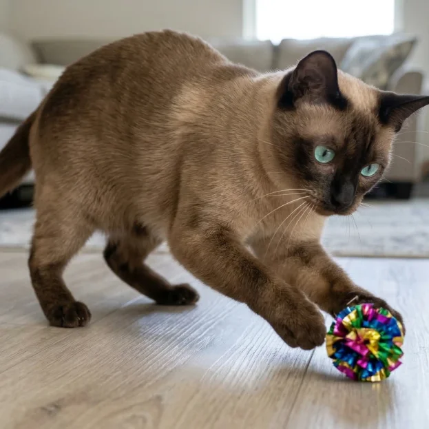 tonkinese cat playing with bright ball