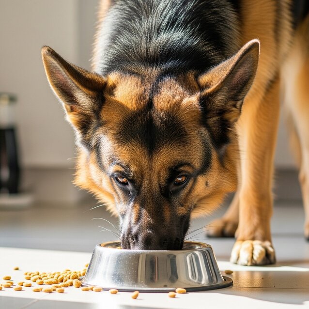german shepherd eating from stainless steel bowl