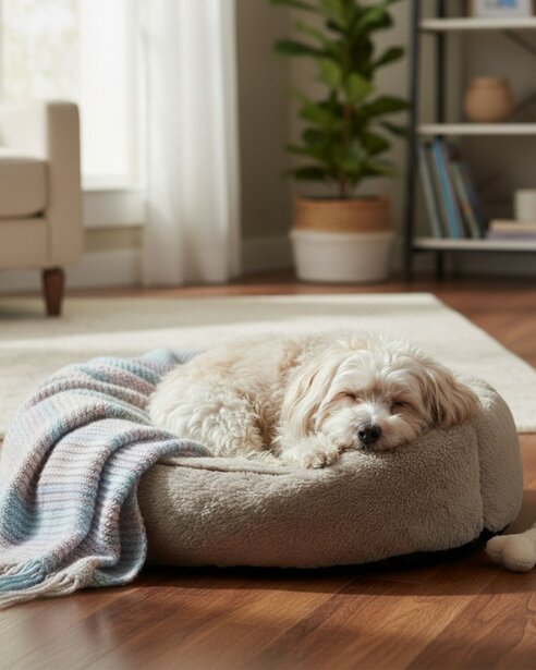 havanese sleeping in dog bed indoors