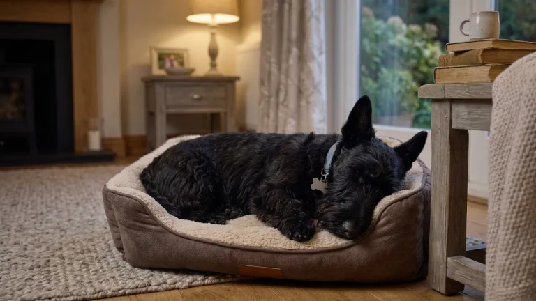 scottish terrier asleep on dog bed