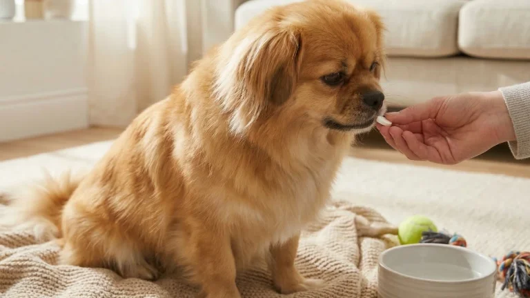 Tibetan spaniel getting a tablet