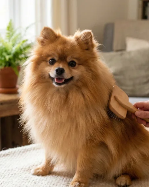 pomeranian being brushed
