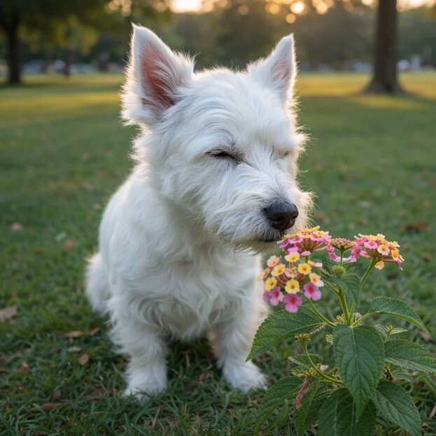 westie sniffing flowers
