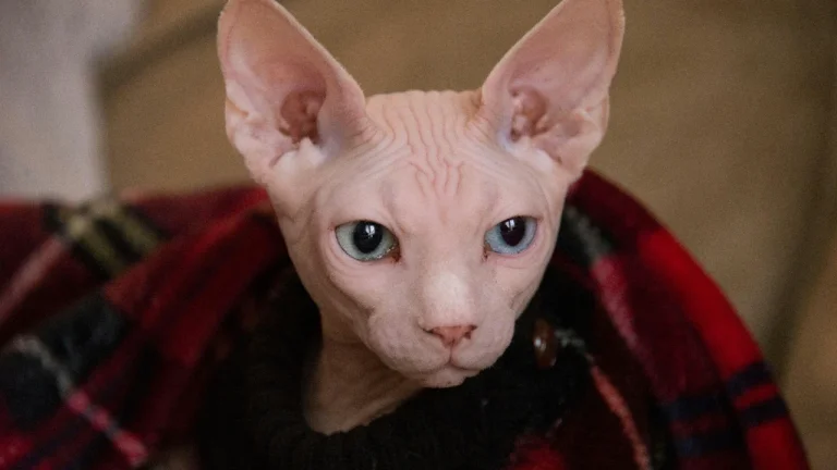 sphynx cat wrapped in blanket