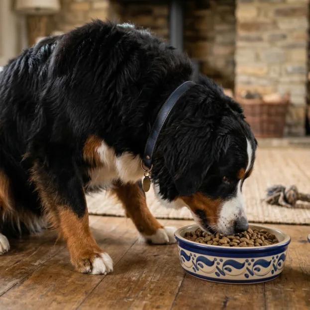 Bernese Mountain Dog eating dry food from bowl