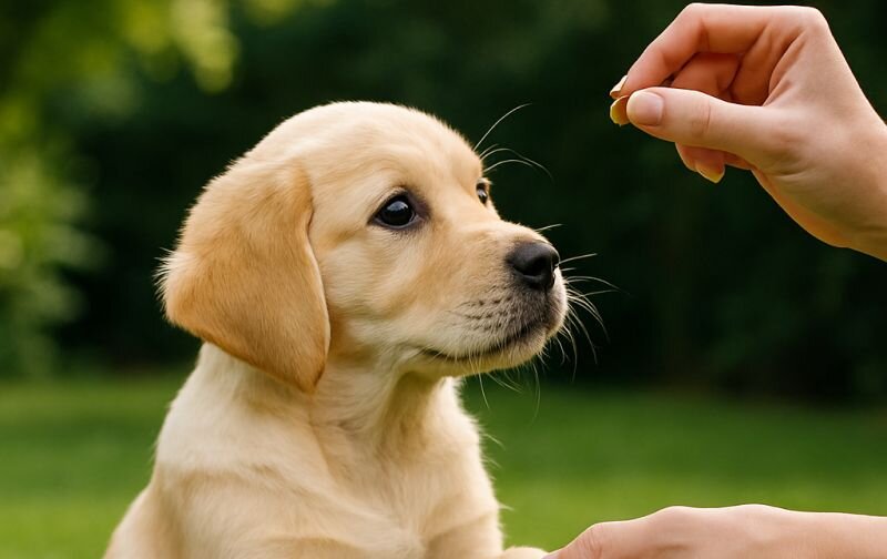 labrador puppy looking at treat