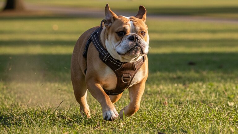 British bulldog wearing harness running along grass