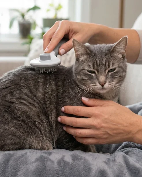 manx cat being groomed