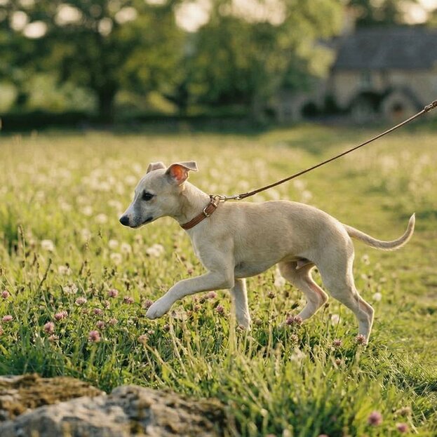 whippet puppy going for a walk