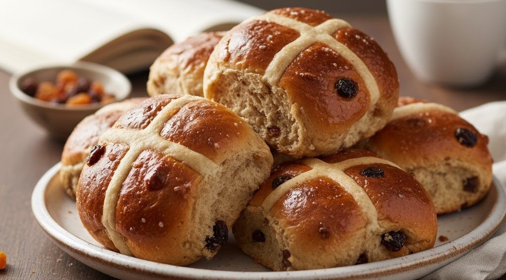 a plate of hot cross buns