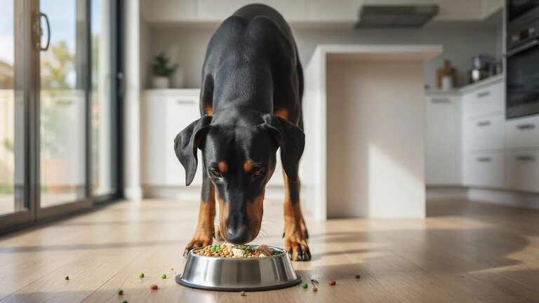 dobermann eating from bowl in kitchen