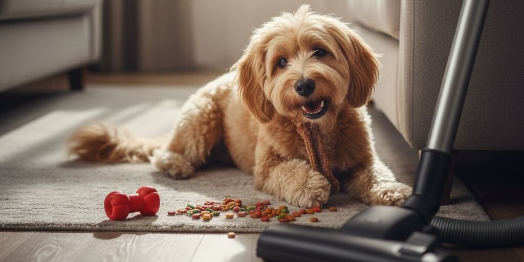 puppy eating treat while watching vacuum cleaner