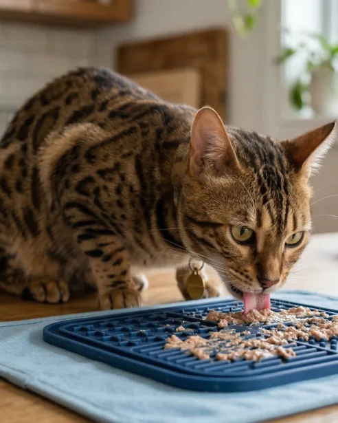 Bengal cat eating from lick mat