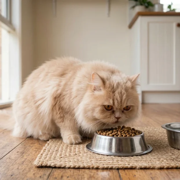 Persian cat eating dry food from bowl