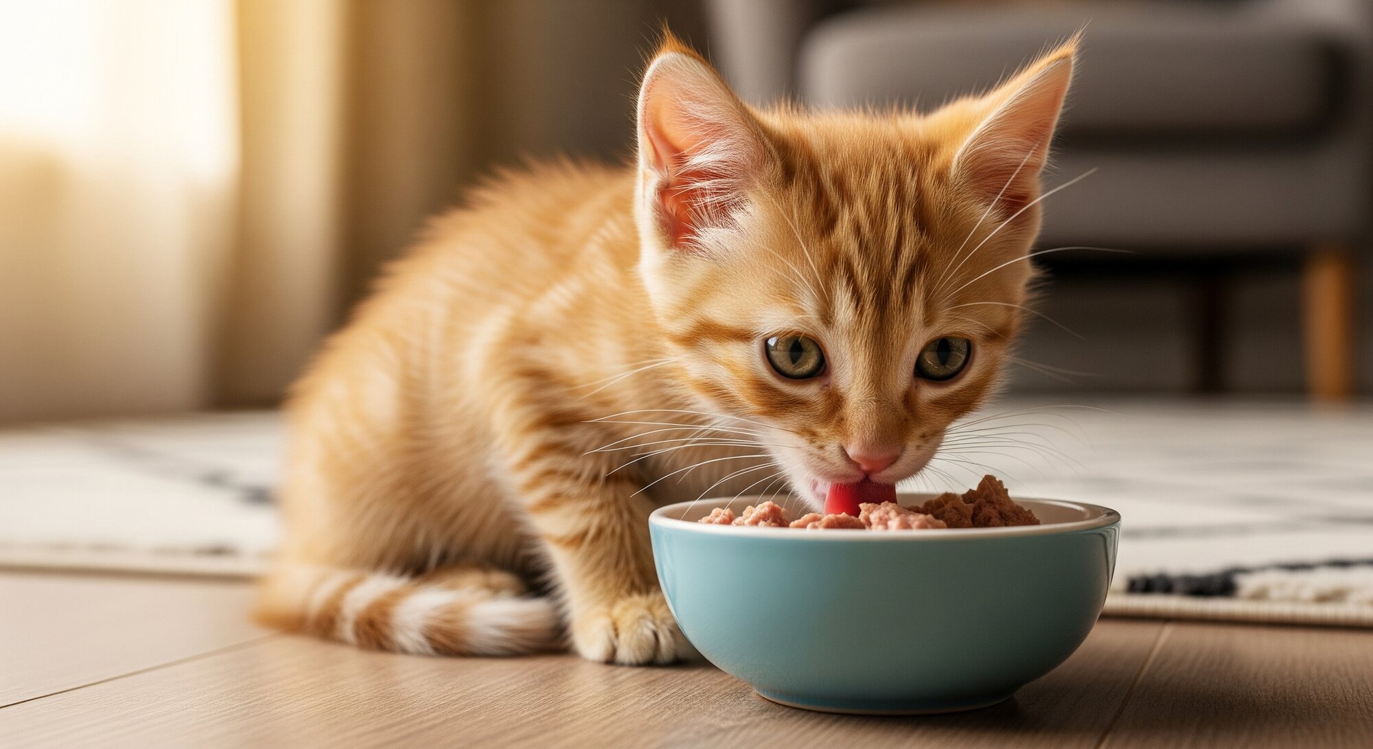 ginger kitten eating wet food from blue bowl