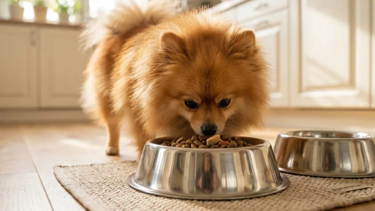 pomeranian eating from stainless steel bowl