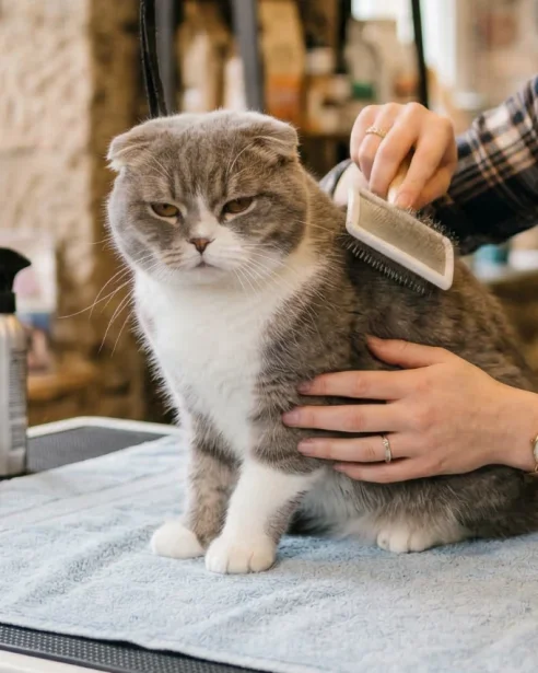 Scottish Fold cat being groomed