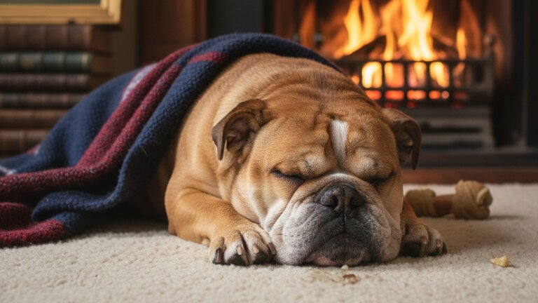 British bulldog sleeping next to fire