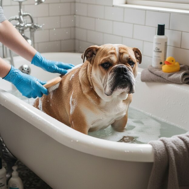British bulldog having a bath