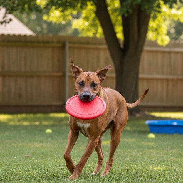 rhodesian ridgeback playing with frisbee