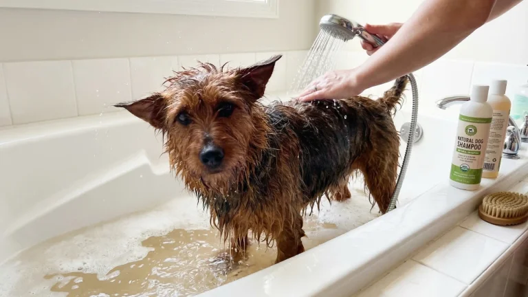 aussie terrier having a bath