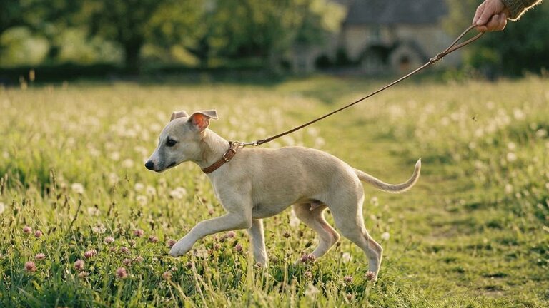 whippet puppy going for a walk