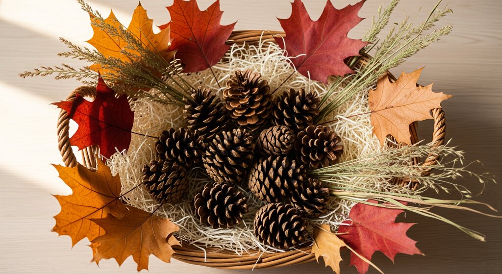 pinecones, dried leaves and paper in a basket
