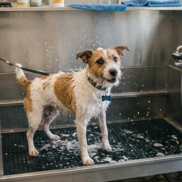 jack russell being bathed professionally