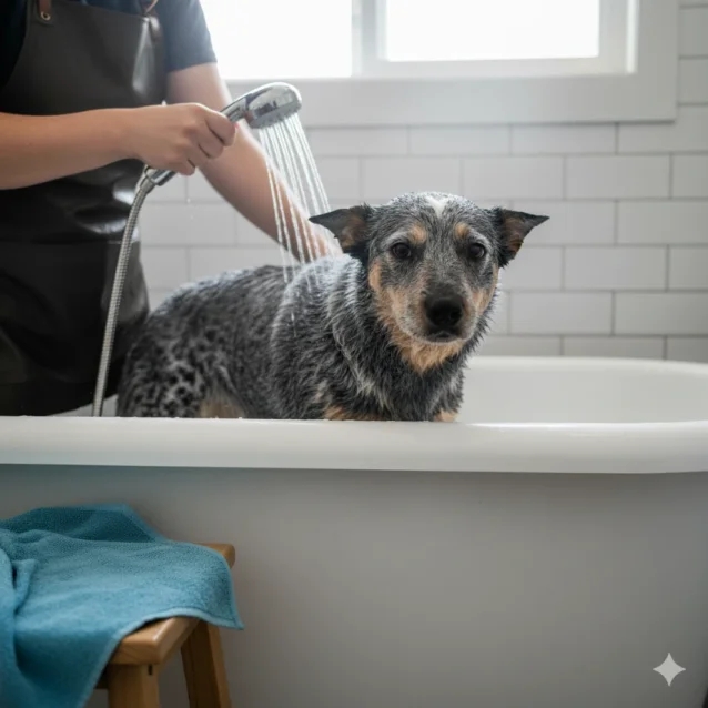 cattle dog being bathed