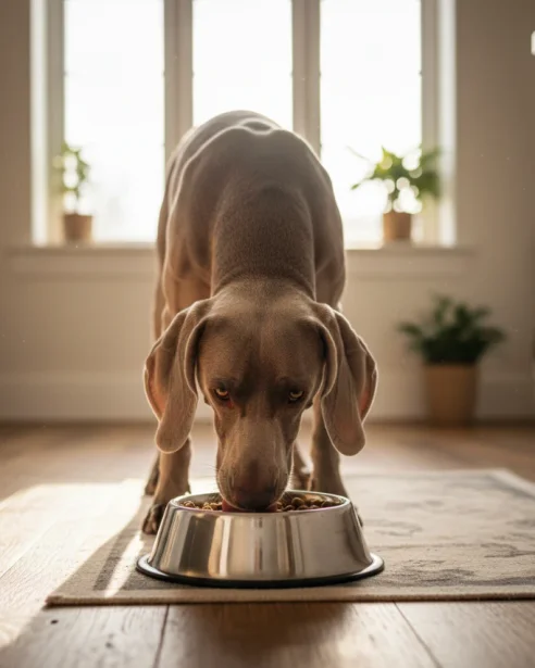 weimaraner eating from a bowl