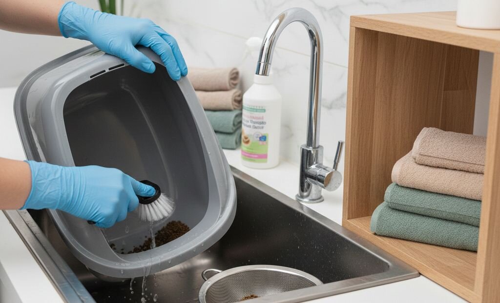 gloved hands cleaning cat litter tray