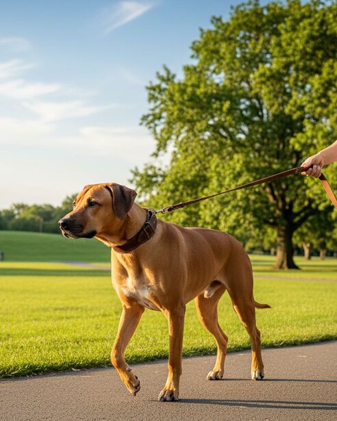rhodesian ridgeback walking on lead