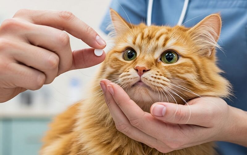 vet preparing to give cat a pill