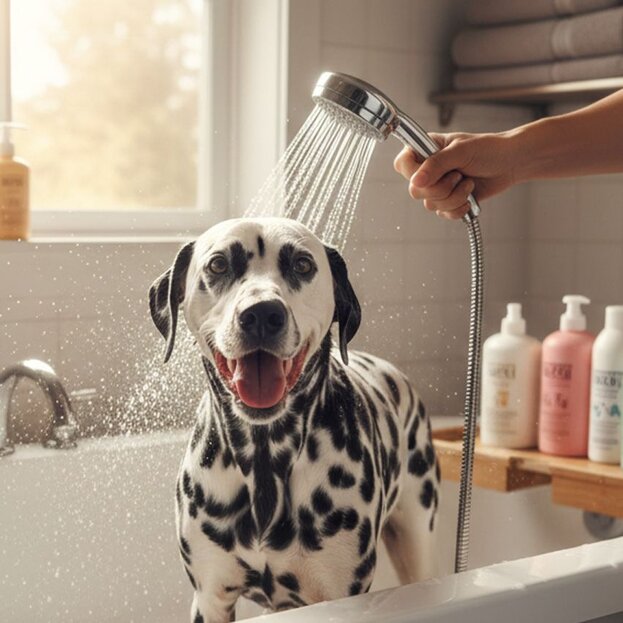 dalmatian-being-bathed