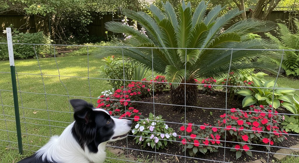 border collie in backyard separated from toxic plants