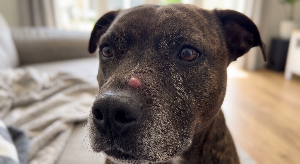 staffy with welt on bridge of nose