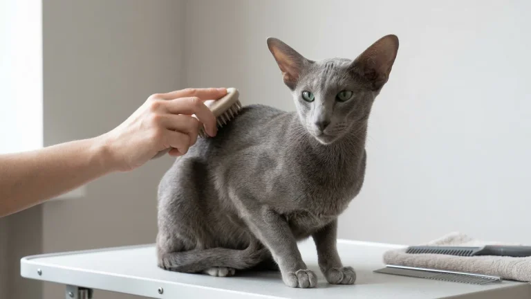 oriental shorthair cat being groomed