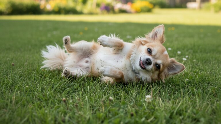 Chihuahua rolling on grass