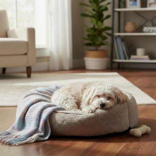 havanese sleeping in dog bed indoors