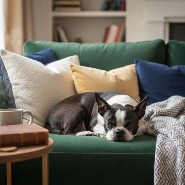 Boston terrier resting on sofa