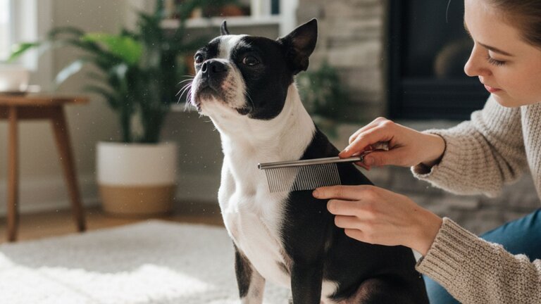 Boston terrier being groomed