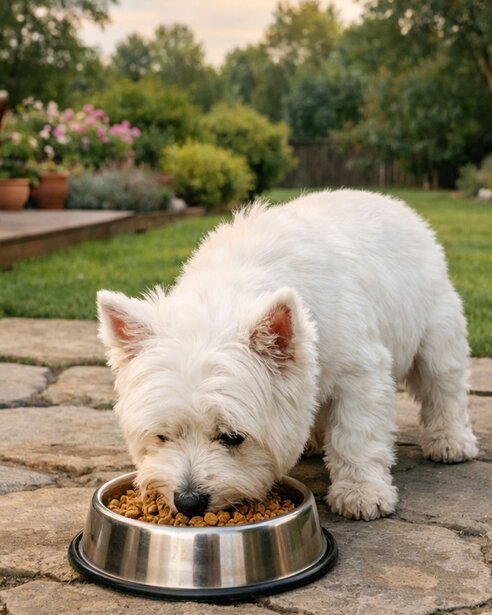 westie eating from bowl outdoors