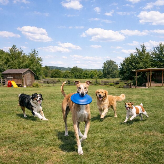 greyhound playing with frisbee and other dogs