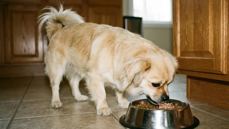 tibetan spaniel eating food from stainless steel bowl
