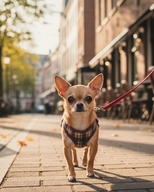 Chihuhua on lead and harness going for a walk