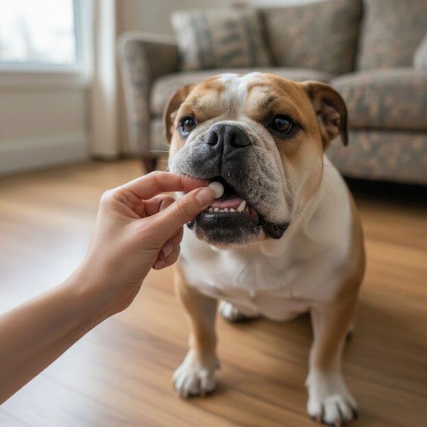 British bulldog being given a pill